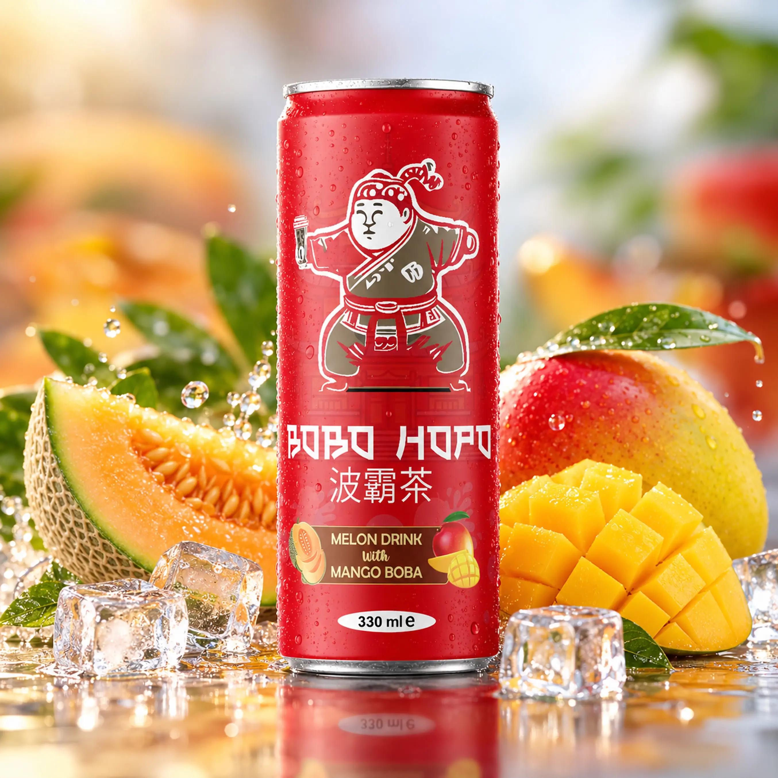 Bobo Hopo 330 ml melon drink with mango boba, fresh melon, mango and ice cubes.